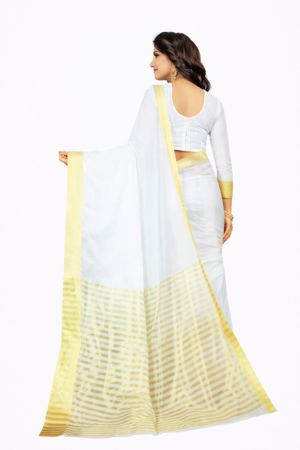 Elegant White & Gold Border Cotton Saree | Traditional Kerala Kasavu Style | Festive & Party Wear Saree with Running Blouse