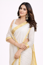 Elegant White & Gold Border Cotton Saree | Traditional Kerala Kasavu Style | Festive & Party Wear Saree with Running Blouse