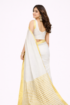 Elegant White & Gold Border Cotton Saree | Traditional Kerala Kasavu Style | Festive & Party Wear Saree with Running Blouse