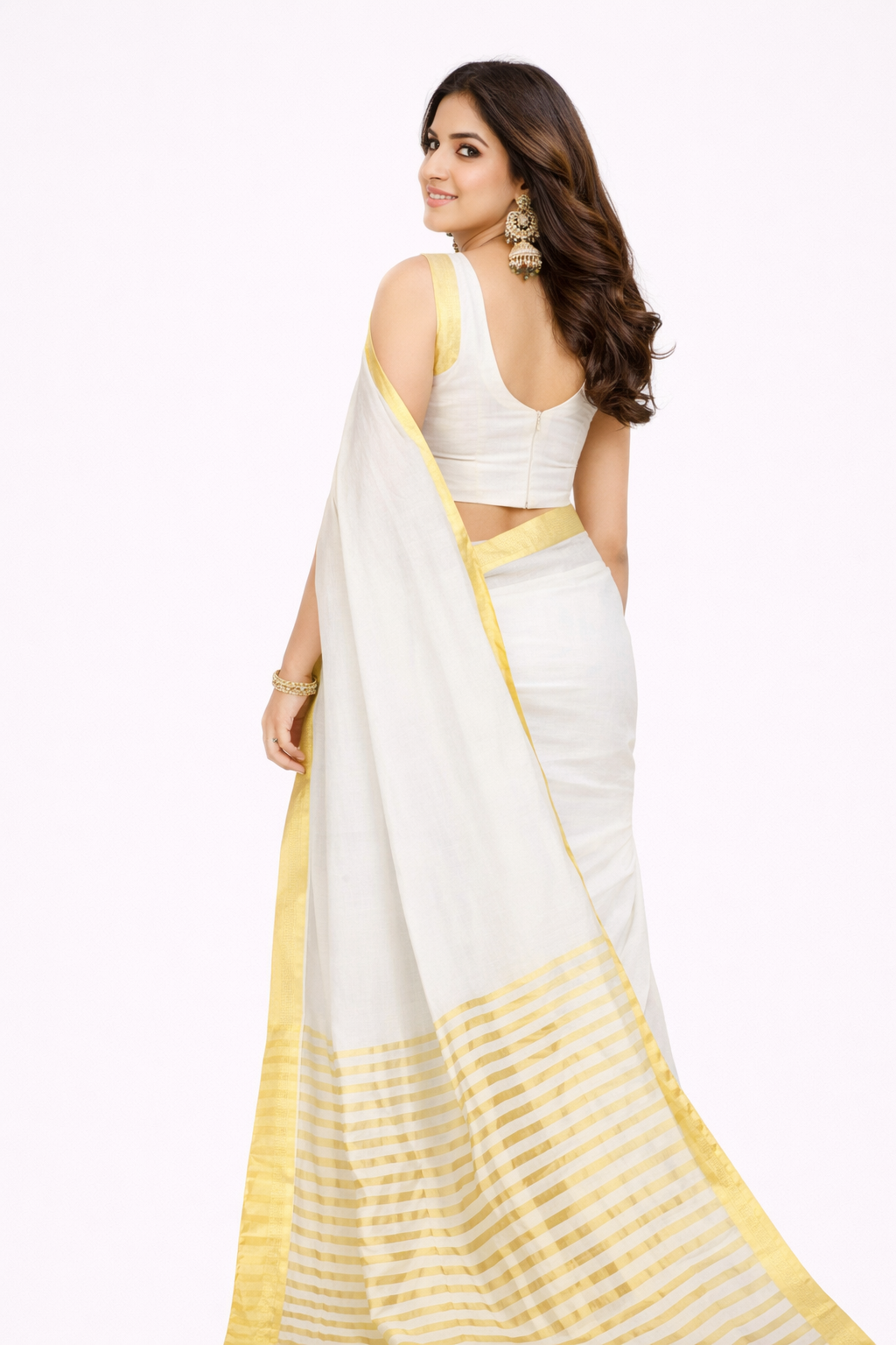 Elegant White & Gold Border Cotton Saree | Traditional Kerala Kasavu Style | Festive & Party Wear Saree with Running Blouse