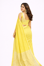 Elegant Yellow Pure Cotton Saree with Subtle Striped Border | Lightweight & Comfortable Daily Wear Saree