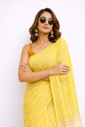 Elegant Yellow Pure Cotton Saree with Subtle Striped Border | Lightweight & Comfortable Daily Wear Saree