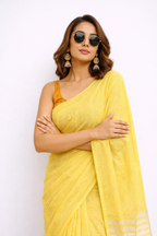 Elegant Yellow Pure Cotton Saree with Subtle Striped Border | Lightweight & Comfortable Daily Wear Saree