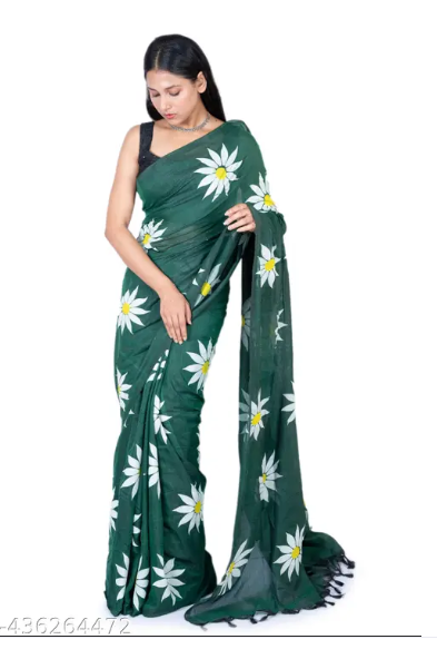 Blue Cotton Blend Digital Print Saree | Bollywood Party Wear Saree with Printed Running Blouse