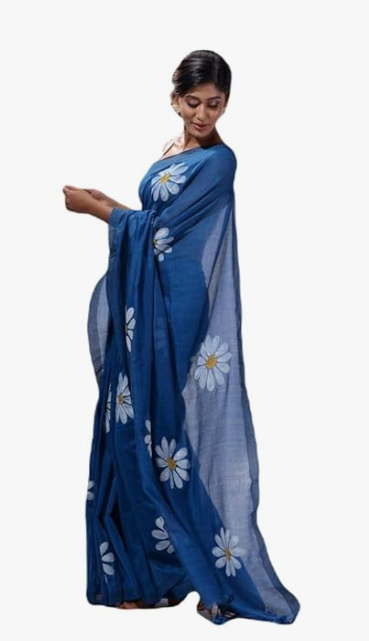 Blue Cotton Blend Digital Print Saree | Bollywood Party Wear Saree with Printed Running Blouse