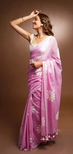 Pink Cotton Blend Digital Print Saree | Bollywood Party Wear Saree with Printed Running Blouse