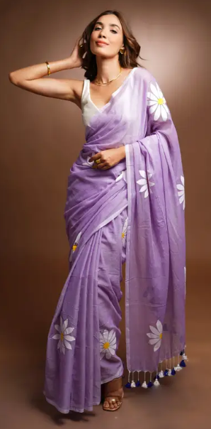 Pink Cotton Blend Digital Print Saree | Bollywood Party Wear Saree with Printed Running Blouse