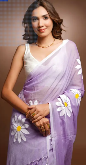 Pink Cotton Blend Digital Print Saree | Bollywood Party Wear Saree with Printed Running Blouse