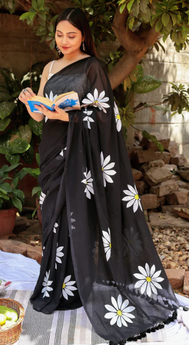 Black Cotton Blend Digital Print Saree | Bollywood Party Wear Saree with Printed Running Blouse