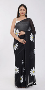 Black Cotton Blend Digital Print Saree | Bollywood Party Wear Saree with Printed Running Blouse
