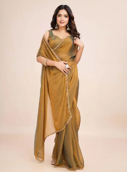 Women’s Soft Zimmy Choo Fandy Silk Saree with Handwork Lace Border | Golden Olive Green Saree with Unstitched Blouse Piece