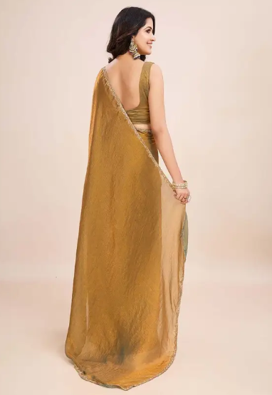 Women’s Soft Zimmy Choo Fandy Silk Saree with Handwork Lace Border | Golden Olive Green Saree with Unstitched Blouse Piece