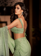 Green Embellished Georgette Party Wear Saree | Bollywood Style Beads & Stone Work with Running Blouse