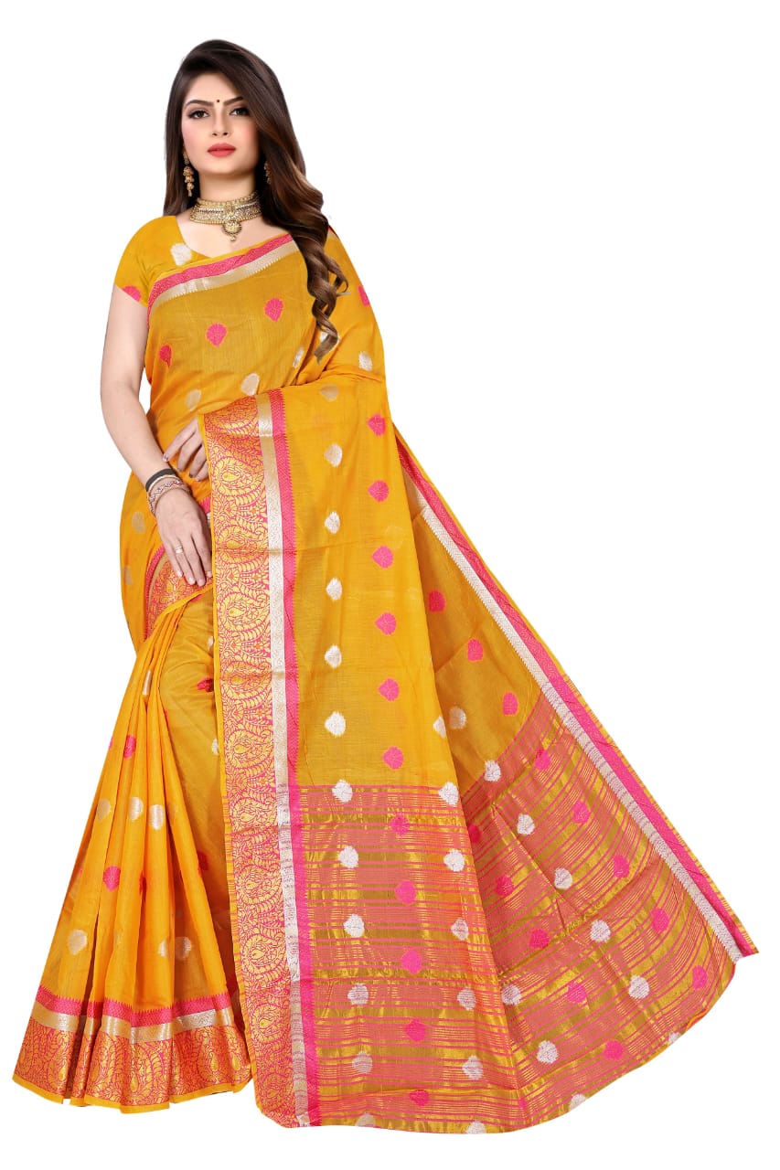 Purple Kanjeevaram Cotton Silk Saree with Big Zari Border | Party Wear Zari Woven Saree with Running Blouse