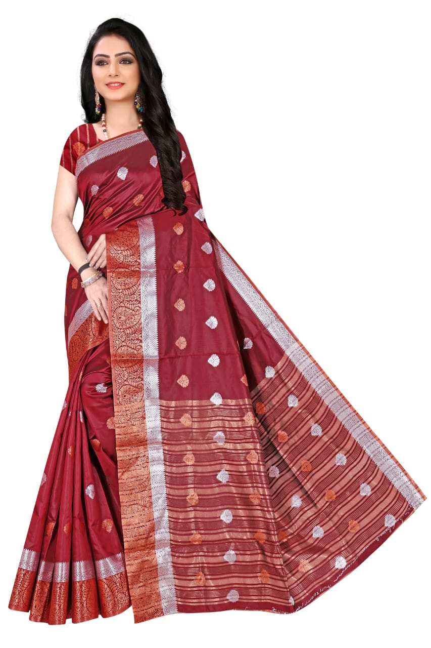 Purple Kanjeevaram Cotton Silk Saree with Big Zari Border | Party Wear Zari Woven Saree with Running Blouse