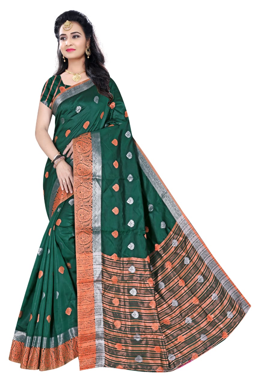 Purple Kanjeevaram Cotton Silk Saree with Big Zari Border | Party Wear Zari Woven Saree with Running Blouse