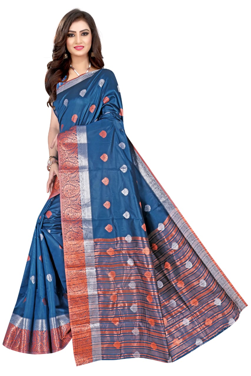 Purple Kanjeevaram Cotton Silk Saree with Big Zari Border | Party Wear Zari Woven Saree with Running Blouse